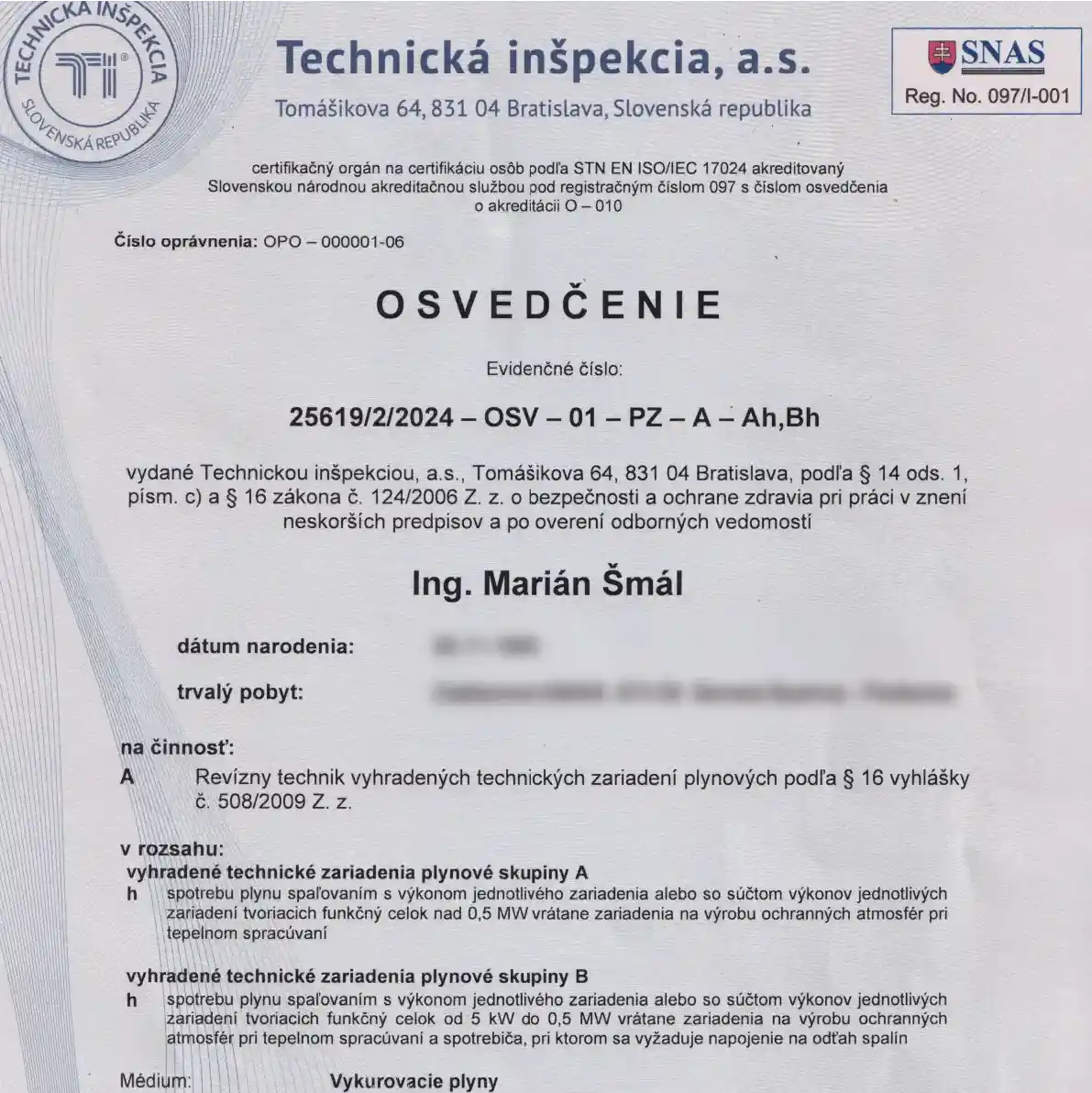 Osvedčenie - revízny technik VTZ plynových (Technická inšpekcia, 2024) - náhľad