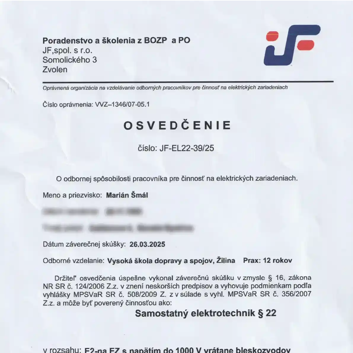 Osvedčenie - samostatný elektrotechnik § 22 (JF, 2025) - náhľad
